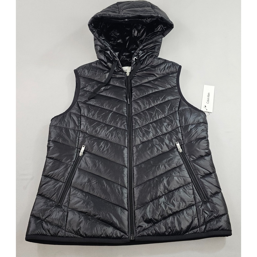 Calvin Klein Womens Black Puffer Vest Jacket Hoodie Zip Pockets M 445021X NEW